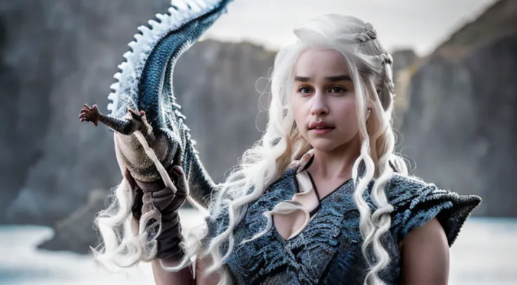 foto hiper real de [daenerys targaryen, emily clark], bring pets (ice dragon:1.4), beautiful, 1 girl with the dragon, loiro, de ...