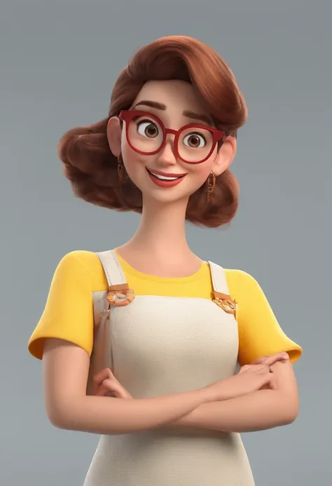 Estilo Pixar: uma mulher adulta, morena, de cabelos curtos enrolados, bespectacled, 3D,Disney