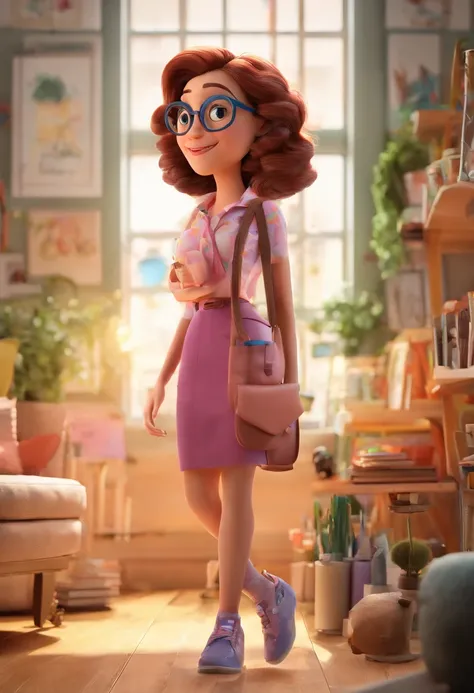 Estilo Pixar: uma mulher adulta, morena, de cabelos curtos enrolados, bespectacled, 3D,Disney