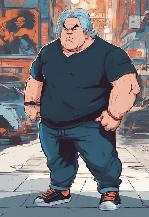 Make a chibi animation of a slightly fat man, with long, shoulder-length hair that is slightly messy, black t-shirt, Blue jeans and black sneakers with white soles. Hes wearing a wireless headphone and hes walking on the sidewalk.