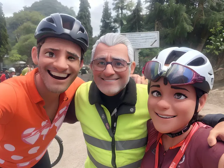 Three people hugging, na esquerda um homem, barba por fazer,  ciclista vestindo uma camisa laranja de bolinhas brancas com as letras W e T no peito; Black helmet and no goggles. No meio um senhor usando um colete reflexivo para motos na cor amarelo fluores...