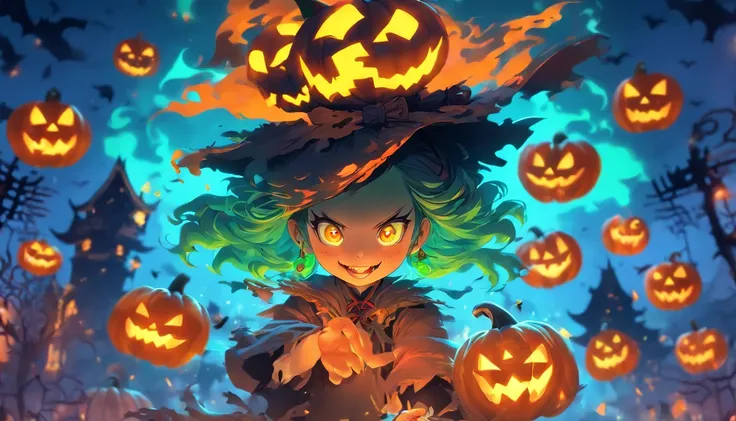 Halloween background in China，Theres pumpkin weirdness，zombi，little witch girl，Chinese elements