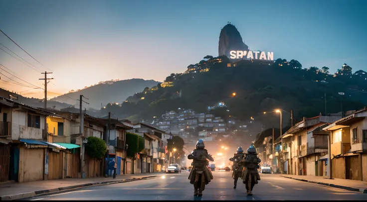 Spartan soldiers invading the favelas of Brazil, Photorealistic, Photography with a Canon EOS R camera，The resolution is 50mm f/1.8lens, f/2.2 aperture, Shutter speed 1/200s, ISO 100 and natural light, full bodyesbian, hyper realistic photography, cinema, ...