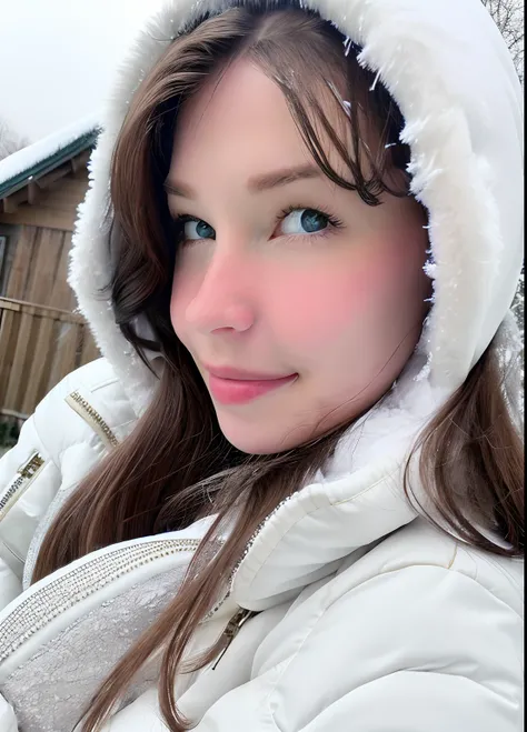 Beldel, photograph of a woman standing outside, winter, snow, white jacket, (detailed face), soft smiling, detailed iris, detailed eyes,
film grain, natural skin texture,