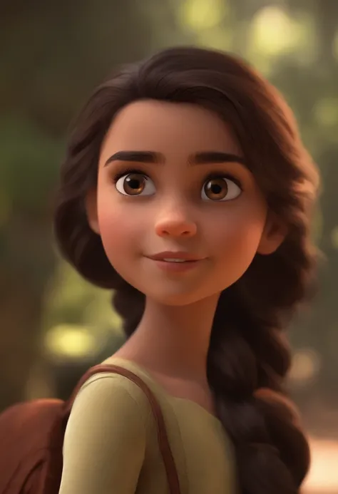 Image of a girl for a story in a YouTube video in Pixar format, Shes the little allabester, Shes the leader of the class, Shes outgoing, Brincalhona e levanta-se para um monte de coisas, Dark hair size is medium