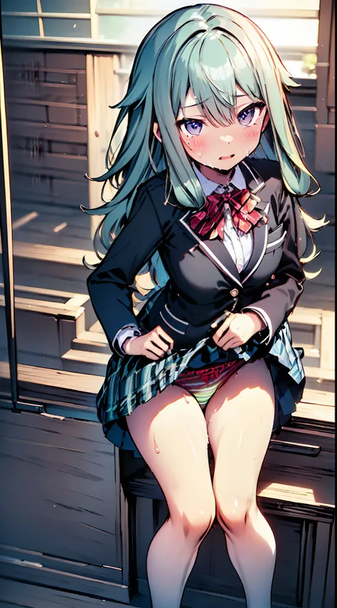 masutepiece, Best Quality,Illustration, Wallpaper, Ultra Detail、(((molesting)))、Detailed eyes、(Teary-eyed)、(((Sexy colorful underwear)))、(blazers、Kilted skirt)、ample breasts、((Girl taking off her skirt))