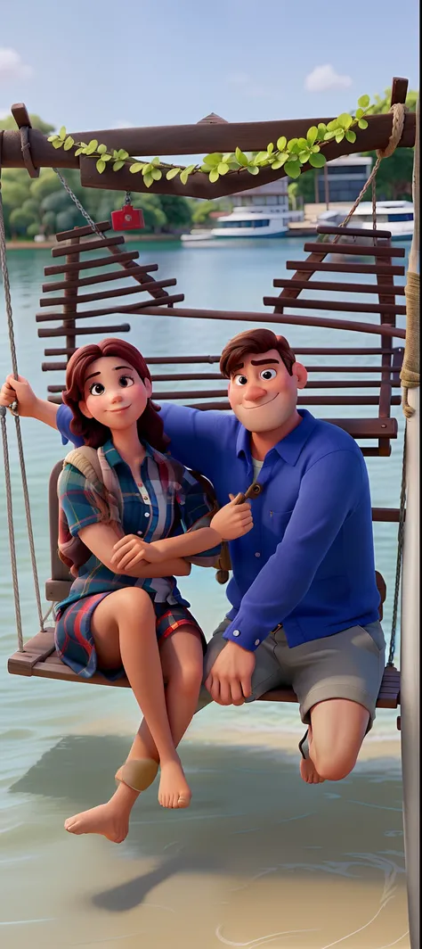 Um homem e uma mulher, estilo pixar, Sittin on the swing. Na lagoa. Alta qualidade e melhor qualidade