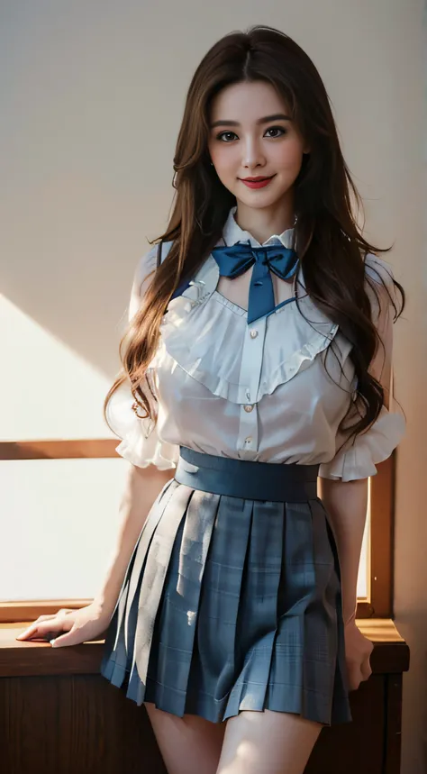 ((Mini pleated skirt in white:1.3)),((a beauty girl:1.3)),((校服:1.4)),((Sheer ruffled blouse:1.4)),((Blue bowtie blouse:1.3))、((in class room:1.3)) ((Thin_textile:1.4)) ((Random sexy poses:1.3)) ((full of sweat:1.5))((Blushing face:1.4)) ((close-up:1.2)) Be...