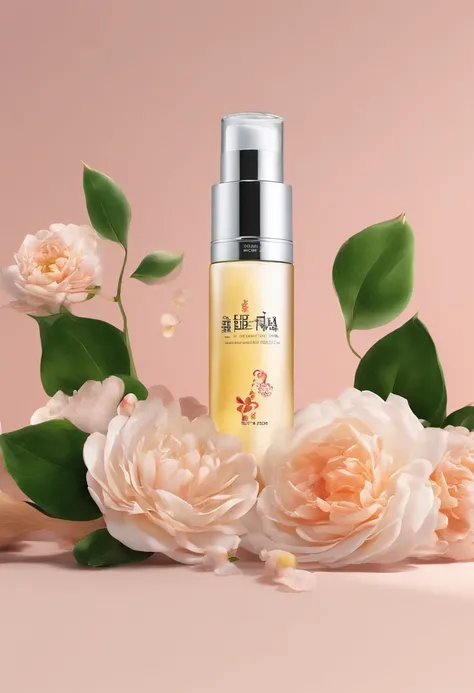 (Best quality,4K,8K,A high resolution,Masterpiece:1.2),Ultra-detailed,(Realistic,Photorealistic,photo-realistic:1.37),A close-up of a bottle of Huang Jixiu cleansing oil and a selection of flowers, Clean face and body skin, Skincare, skin care, Take a pict...