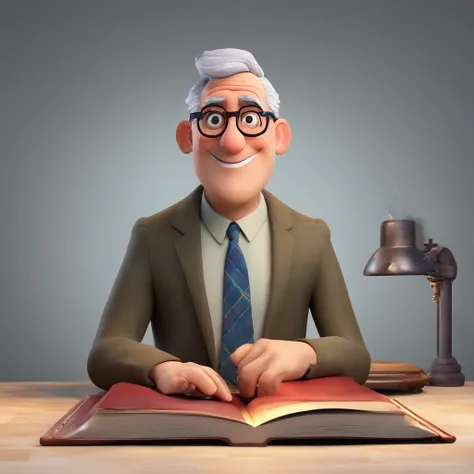 Crie um cartaz inspirado na Disney Pixar com o personagem sendo o pastor Rubens Janier, A gray-haired man wearing glasses, in an office with a Bible on the table