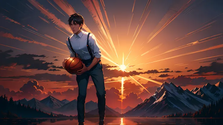 the sunset，eventide，Big Mountain，Medium short hair，Suspenders，The five fingers of human anatomy，Put your feet on the ground，Two hands，Right-handed basketball，Boy student