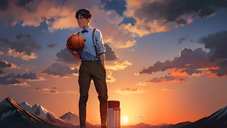 the sunset，eventide，Big Mountain，Medium short hair，Suspenders，The five fingers of human anatomy，Put your feet on the ground，Two hands，Right-handed basketball，Boy student