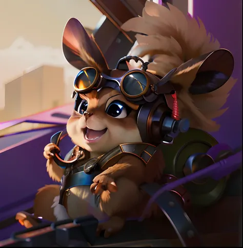 official art, unity 8k wallpaper, ultra detailed, beautiful and aesthetic, masterpiece, best quality, extremely detailed, dynamic angle, A chipmunk with large cheeks and big blue eyes, wearing steampunk goggles with big round lenses, large copper helmet wi...