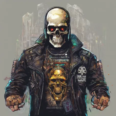 1 Highly Reflective Chrome Skull Head Member Of Male Cyberpunk Motorcycle Gang With LED-Illuminated Cybernetic Prosthetic Arms Housing Retractable Concealed Weapons And Glowing White Eyes, All black leather and motorcycle vest with skull embroidered motorc...