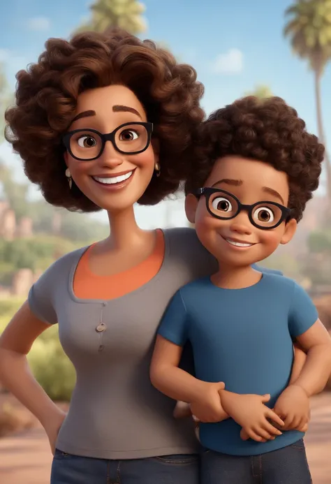 Pixar. Casal com dois filhos. A menina tem os cabelos castanho amarrados, Camiseta cinza e jeans claro, black glasses. The brown-haired boy in curls, Dark blue jeans and gray t-shirt. They are both smiling and are 40 years old