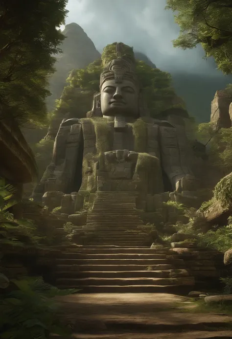 there is a large stone statue in the middle of a forest, stone eyes, movie still from thor, neo-andean architecture, face centered, playstation 2 screenshot, concept image, by Jung Park, the lost city of atlantis , face shown, google street view, 3 dmax, p...