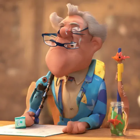 Crie um cartaz inspirado na Disney Pixar com o personagem sendo o deputado Keniston Braga, A white-haired man wearing glasses, the scene will be in Pixars distinctive digital art style. Focus on character expressions, Vibrant colors and detailed textures p...