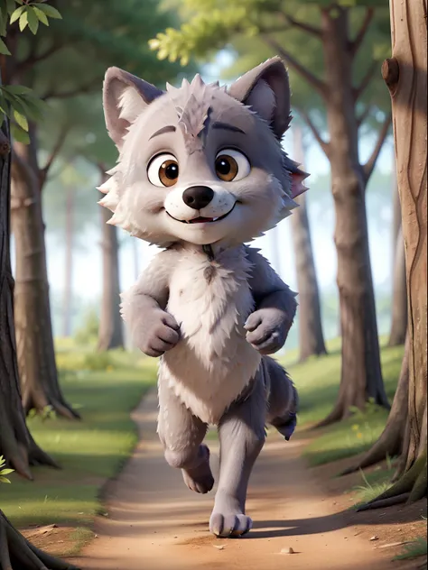 Character of a cuddly gray wolf cub running down a trail of a woodland full of trees.