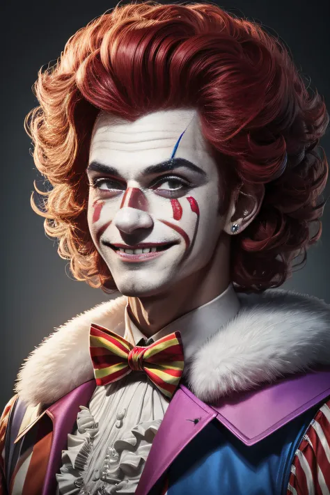 1 circus clown，uncanny， Fake smile，sportrait ，4K Ultra HD, 超高分辨率, (Photorealistic: 1.4), Best quality，Masterpiece，（pastel colour：1.2）