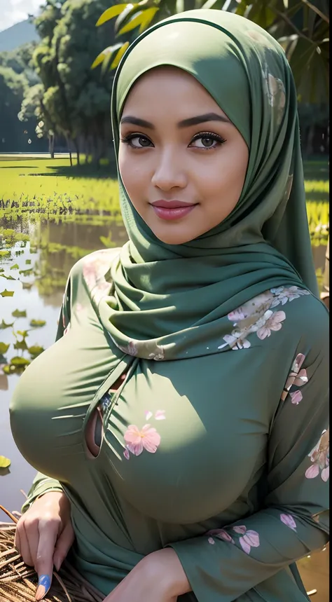 RAW, Best quality, high resolution, Masterpiece: 1.3), Beautiful Malay woman in hijab, Masterpiece, Perfect slim body, Beautiful big eyes, perfect make up, Watery eyes, perfect nose, Soft smile, Wet lips, Big breasts, ((Wearing a thin light green Malay shi...