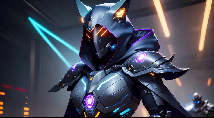 protogen,cloak,longsword,detailed eyes,detailed lips,mysterious eyes,hooded cloak,futuristic,cyberpunk,metallic texture,advanced technology,glowing lights,mechanical tail,mechanical ears,artificial intelligence,AI companion,sci-fi concept,neon lights,dark ...