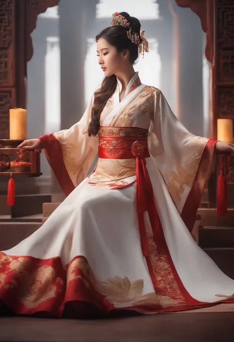 a girl, Ancient Chinese attire, corpo inteiro, luz solar, rosto claro, fundo branco limpo, master part, Super Detalhe, Epic composition, Ultra HD |, alta qualidade, extremamente detalhado, Arte Oficial, papel de parede uniforme 8k, Super Detalhe, 32k