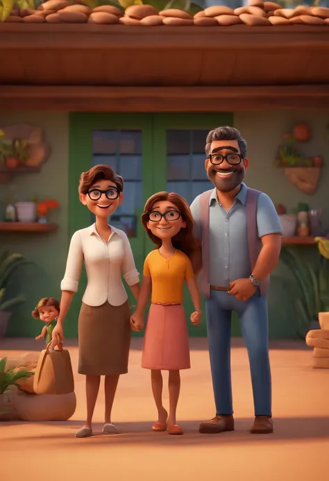 Pixar. Casal, marido e mulher com dois filhos. A menina cabelos castanho amarrados, black glasses. Menino de cabelos castanhos em cachos. Couple are smiling and are 40 years old.