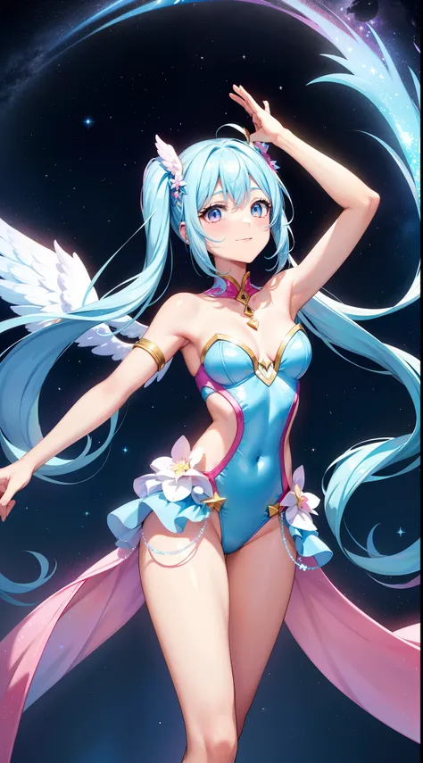 Super Idol　a beauty girl　A charming smile　sky blue hair　length hair　Twin-tailed　Glittery bright pink and white and blue and yellow leotards　facing front　7 colors of angel large wings on the back　Mystical　Fantasia　constellation　a moon　Crystal Brilliance　Aur...