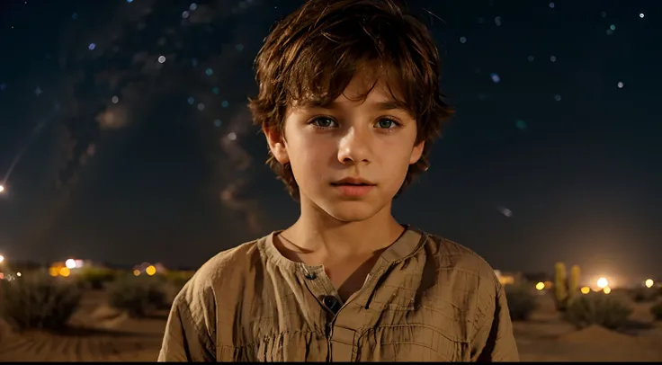 a boy of approximately 10 years old, brown hair and curious eyes looking at the sky with his body facing right. with a modest tunic made of simple fabric, suitable for the desert environment, at night with a starry sky