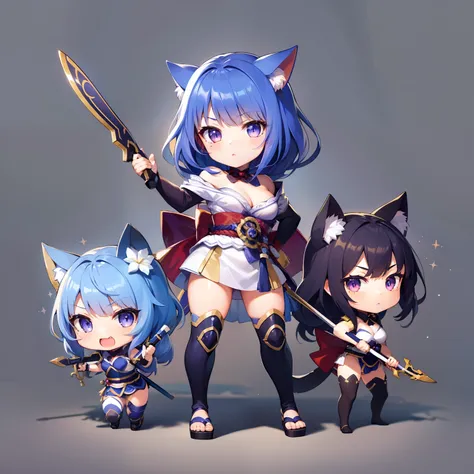 Chibi Cat、white backgrounid、Less exposure、kawaii、Bright blue hair、Bright background、Wink、Hoplite Costume、With weapons、Hoplite Pose