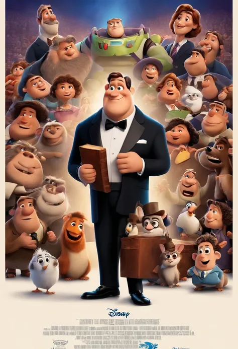 Disney Pixar movie poster with title in Portuguese: O LEGADO

um homem branco curto com cabelos brancos gordinhos com 60 anos
em cima de uma caixa, Wearing a suit and tie with a Bible in his hand