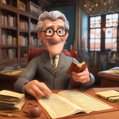 Crie um cartaz inspirado na Disney Pixar com o personagem sendo o pastor Rubens Janier, A gray-haired man wearing glasses, in an office with a Bible on the table