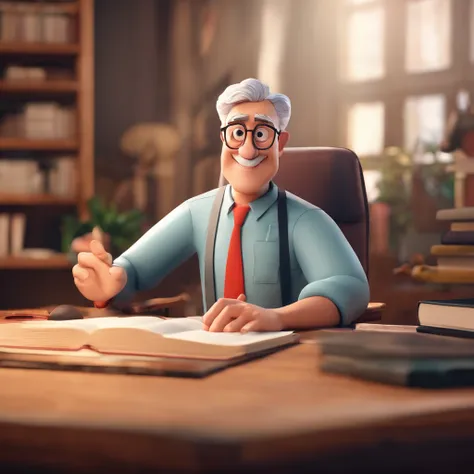 Crie um cartaz inspirado na Disney Pixar com o personagem sendo o pastor Rubens Janier, A gray-haired man wearing glasses, in an office with a Bible on the table