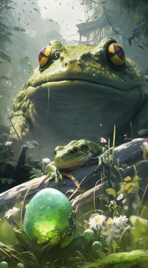 There is a frog sitting next to a green ball, highly realistic concept art, wlop and andrei riabovitchev, art by Wlop and Greg Rutkowski, Concept art wallpaper 4K, wlop and ross thran, frog perspective, Relaxing concept art, award winning concept art, WLOP...