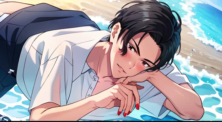 masterpiece, (1Boy), luci, red eyes, black hair, look at viewer, blush, SHINKAI MAKOTO, (Beach), (white shirt)