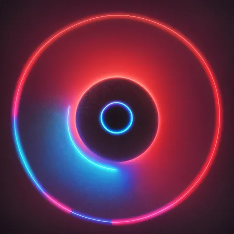 red hollow circle with a neon blue transparent sphere accompanying the circle, dark background --auto --s2