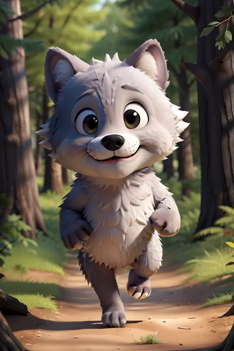 Character of a cuddly gray wolf cub running down a trail of a woodland full of trees.