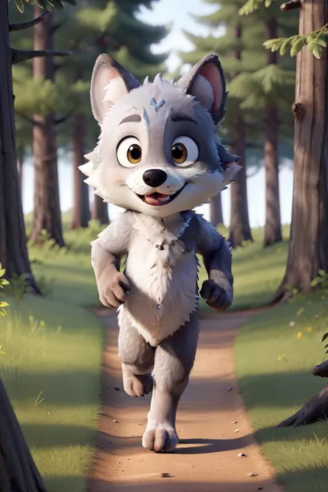 Cute gray wolf cub character running on a trail of a forest full of trees.