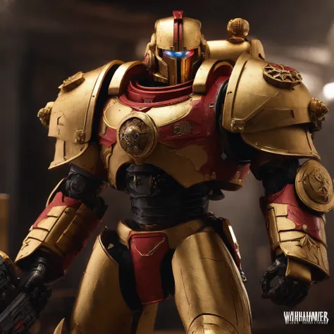 Titan de Warhammer 40k cores dourado e vermelho com armamento pesado