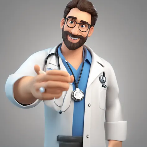 Make a Pixar Style Realistic Poster of 3D Animation. O personagem sem barba, olhos azuis, cabelos loiros penteados para o lado esquerdo, magro, wearing a white doctors coat, watch on left wrist, Has an Arabian face, 8k, coloque um hospital de fundo, Put on...