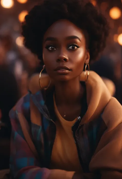 Crie um personagem menina no estilo pixar com pele marrom clara, cabelo enrolado preto, Big black eyes at an electronic music party