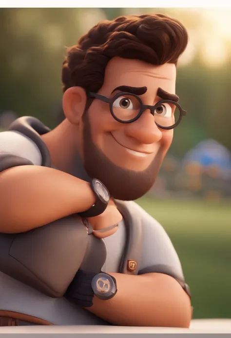 personagem dos desenhos animados Disney pixar, homem, 28 anos,  cabelo preto baixo e espetado, round eyeglasses, olhos escuros grandes, nariz arredondado, bochecha grande, pele parda, small tattoos on the forearm, black shirt written PROD in orange and lil...