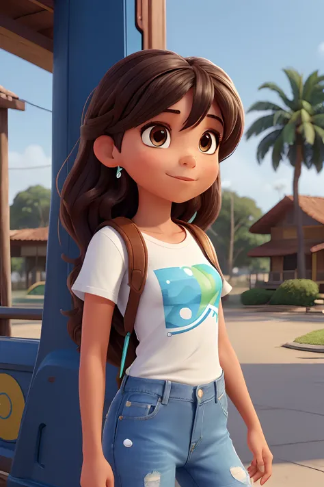 crie um banner no estilo Pixar. A girl with Brazilian features, branca com cabelos na altura do ombro, Castanhos escuros, Smooth appearance and split in half, mas jovem, usando uma camiseta, Vestindo jeans, de fones de ouvido segurando um toca discos