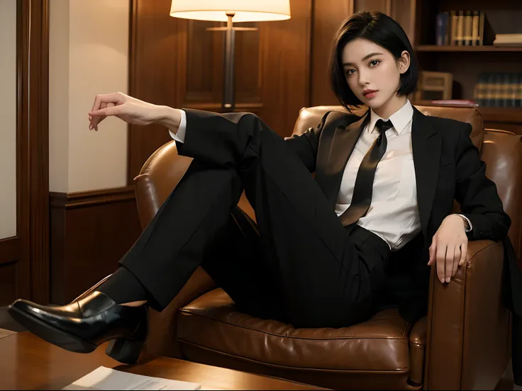 Masterpiece, Excellent, (Office: 1.5), CG drawing with ultra-high detail, 1Beautifulwoman，Gorgeous, Cold face, Expressionless,, (A man with short black hair, White shirt, black necktie, Black pants, leather shoes, A little scum: 1.8),, Inside the Office of...