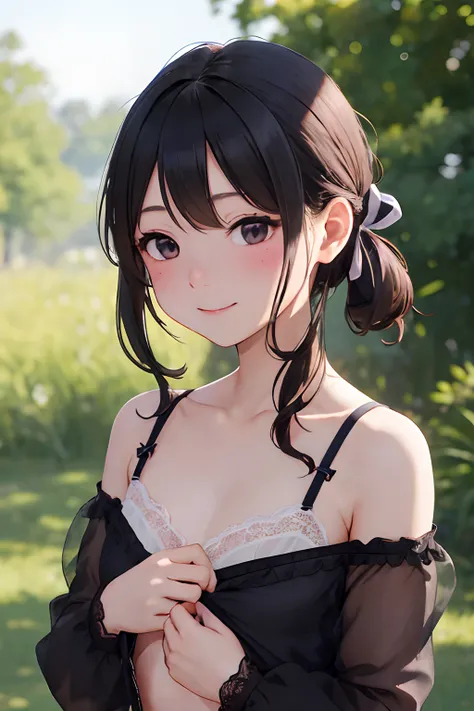 女の子1人、a loli、the bow、((The lace lingerie)), ((small breasts)), under boobs, a picture、realisticlying、top-quality、adopt、A detailed face、细致背景、diffuse sunlight、depth of fields、Bokeh、embarassed expression,  smile, closed mouth, upper body portrait, (see-throug...