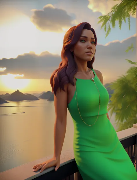 Theres a woman in a green dress standing on a balcony, Rio de Janeiro em um filme de anime, filme ainda 8K, maia realista, renderizado em sfm, nice afternoon lighting, looking at sunset, animado ainda, anime estilo 3d, Close-up de corpo inteiro, animated f...