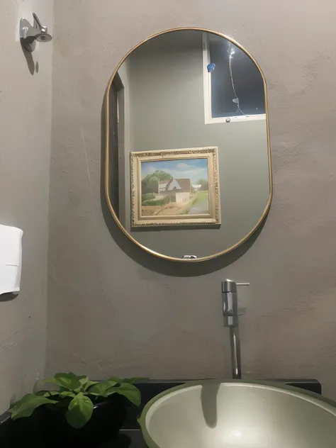 Theres a picture of a bathroom with a mirror above the sink, no banheiro, espelho redondo na parede, mirror and glass surfaces, com um espelho, Beautiful image, em um banheiro, Directed by: Nandor Soldier, dentro de uma moldura em uma parede de azulejos, v...