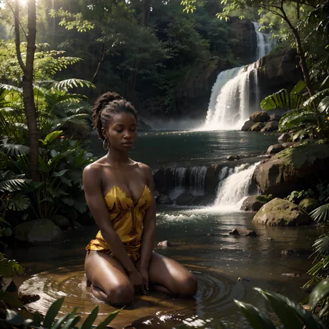 Wide angle shot of an African woman dressed in African designed monk clothes, sitting in a buddha position of meditation, sitting in a forest, with waterfalls in the background, leaves floating in circular rotation around the woman, sunrise in the scene sh...