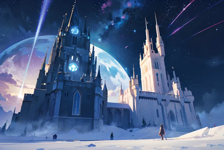 Create an illustration of a fantastical castle floating in space. There are facilities such as a telescope and an observatory in the castle, Its like an astronomical facility. The space in the background is filled with stars, Create an enchanting and dream...