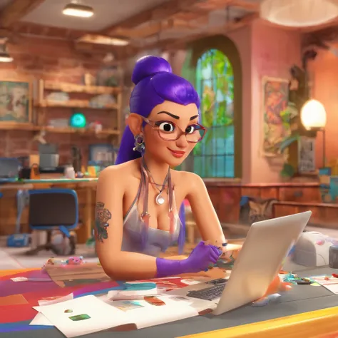 create a 3D movie poster inspired by Disney Pixar, The scene should be in Pixars signature digital art style, com uma imagem caricatural que lembra a cantora brasileira "Anita" in the prone position, Wearing a bikini while a tattoo artist is sitting tattoo...